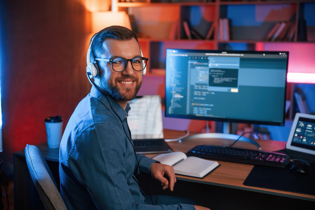 Man sitting in desk with monitor, keyboard, and more